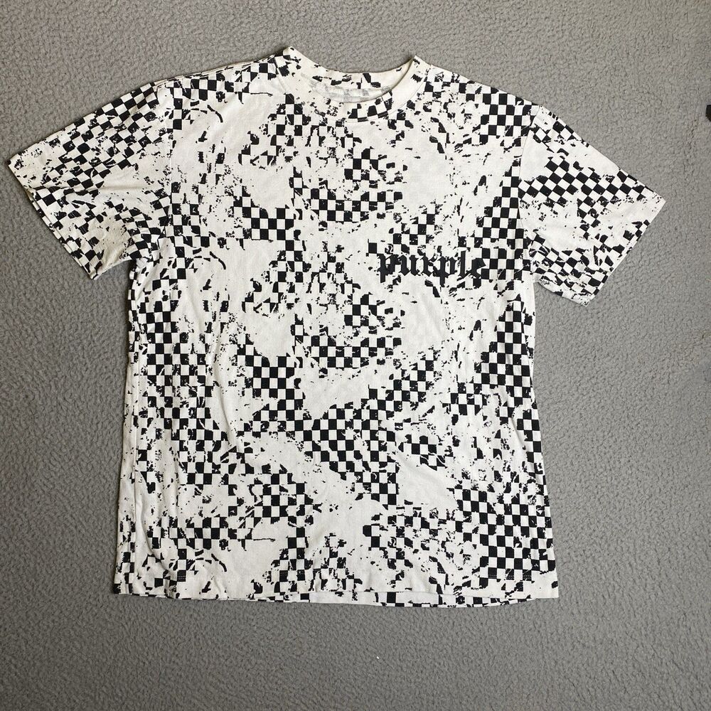 Purple Brand Shirt Mens Medium White Black Check Short Sleeve Crewneck Designer
